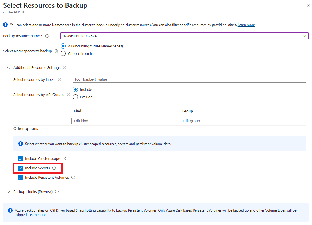 Captura de tela do portal do Azure que mostra o painel Selecionar Recursos para Backup com a opção Incluir Segredos realçada.