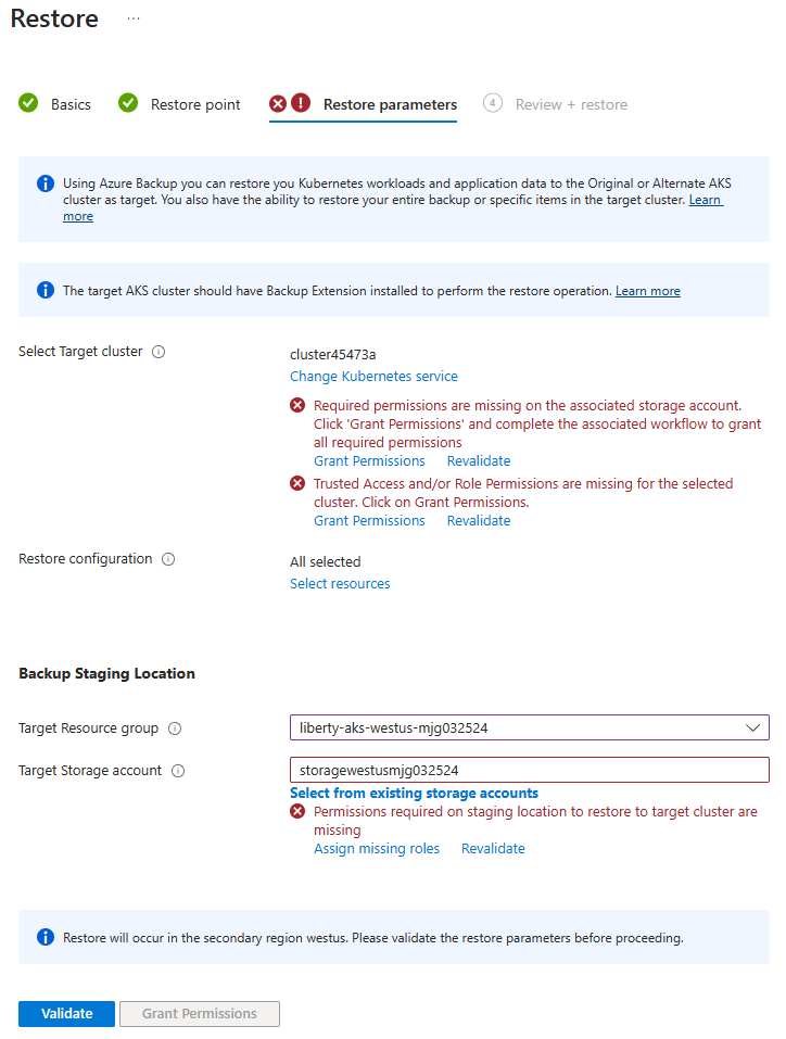 Captura de tela do portal do Azure que mostra o painel dos parâmetros Restore.