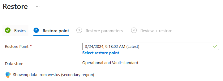 Captura de tela do portal do Azure que mostra o painel Ponto de restauração.