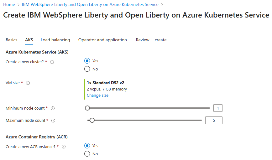 Captura de tela do portal do Azure que mostra o painel IBM WebSphere Liberty e Open Liberty no painel AKS do Serviço de Kubernetes do Azure.