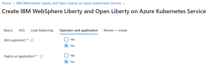 Captura de tela do portal do Azure que mostra o painel IBM WebSphere Liberty e Open Liberty no painel Operador e aplicativo do Serviço de Kubernetes do Azure.