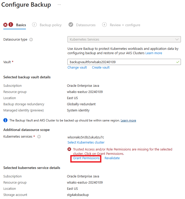 Captura de tela do portal do Azure que mostra a Permissão de Concessão de Backup de Configuração do AKS.