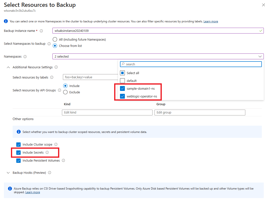 Captura de tela do portal do Azure que mostra os Recursos de Seleção de Backup para Configuração do AKS.