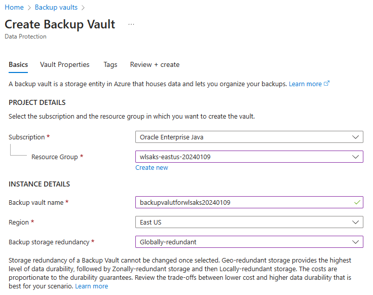 Captura de tela do portal do Azure que mostra o painel Noções Básicas do Cofre de Backup.