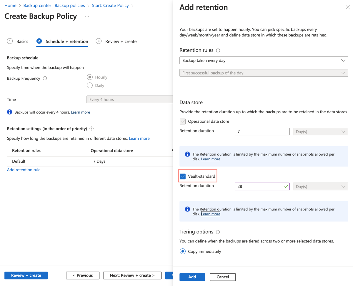 Captura de tela do portal do Azure que mostra a seleção da opção Vault-standard.