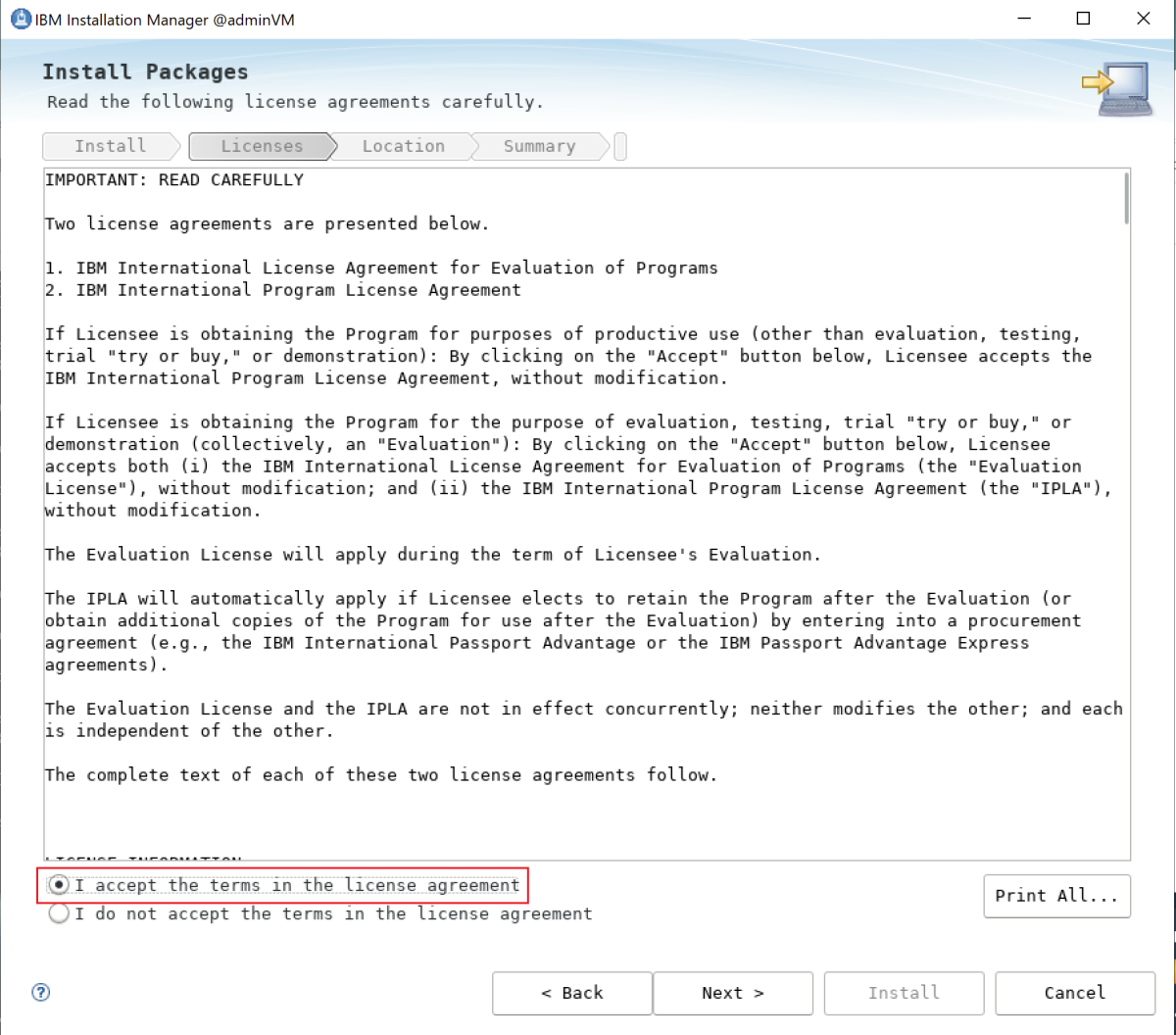 Captura de tela do contrato de licença do Installation Manager da IBM.