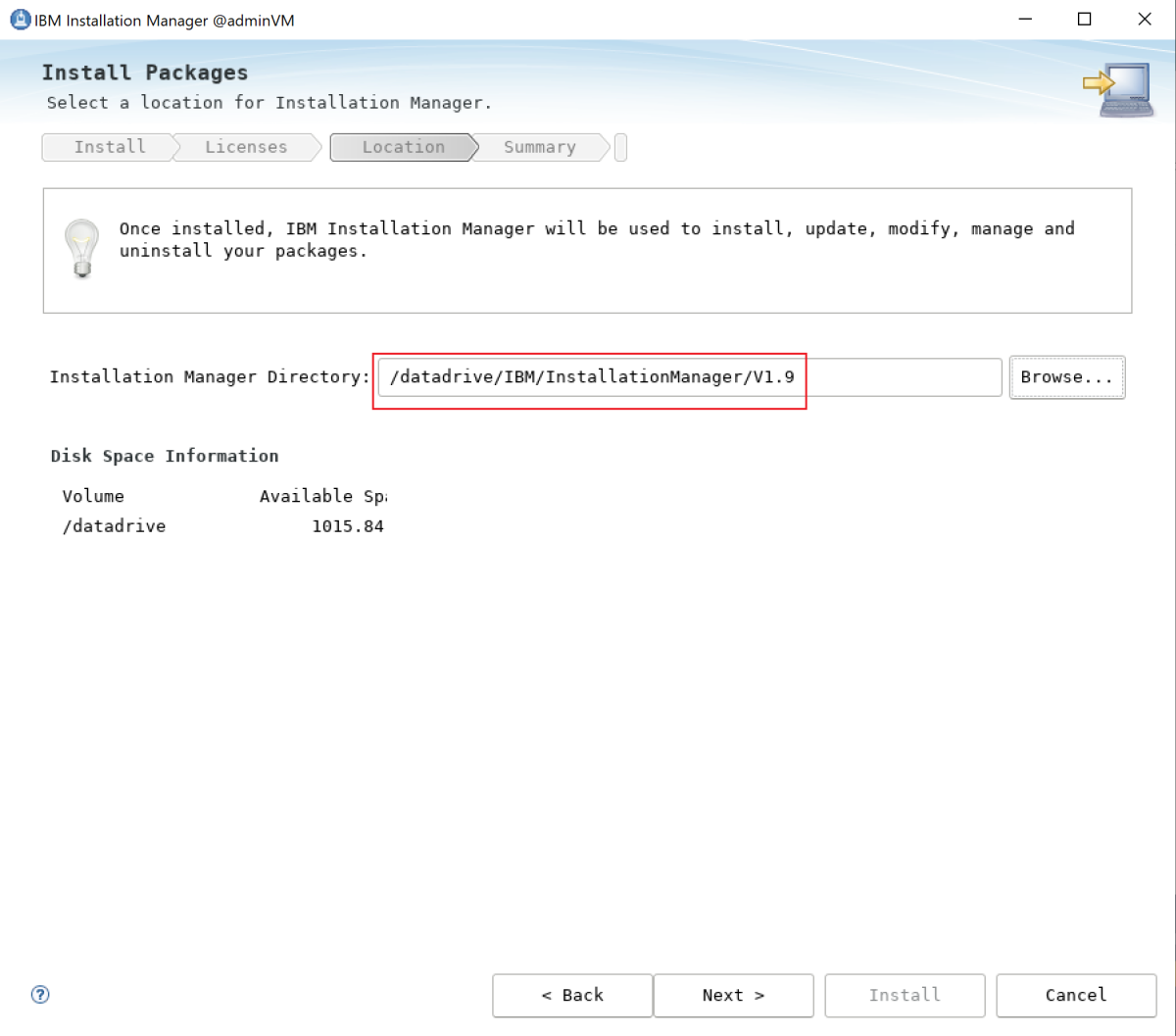 Captura de tela do diretório do Installation Manager da IBM.