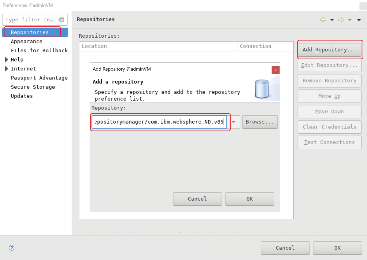Captura de tela da caixa para incluir o repositório do produto para o WebSphere Application Server da IBM.