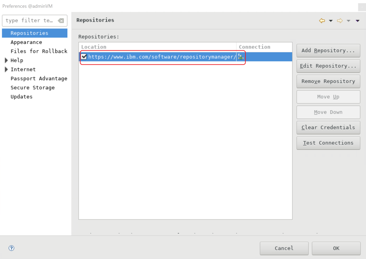 Captura de tela de um repositório de produtos incluído no WebSphere Application Server da IBM.