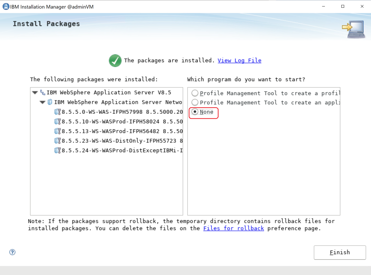 Captura de tela da instalação do pacote concluída do WebSphere Application Server da IBM.