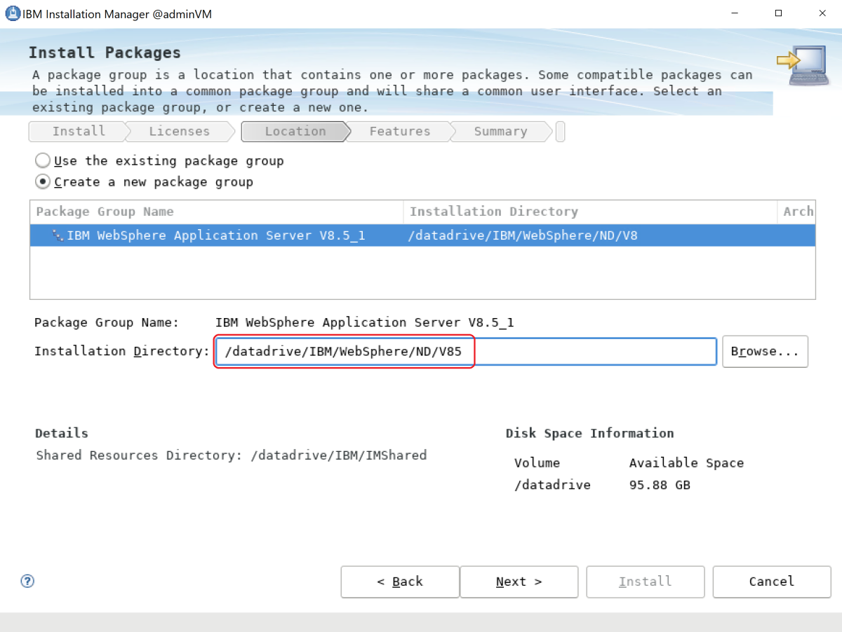 Captura de tela da caixa Diretório de instalação do WebSphere Application Server da IBM.