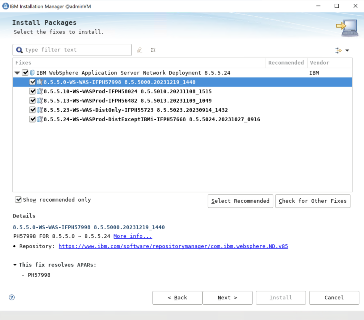 Captura de tela do painel Instalar pacotes e da instalação do WebSphere Application Server WAS 8.5.5 da IBM.