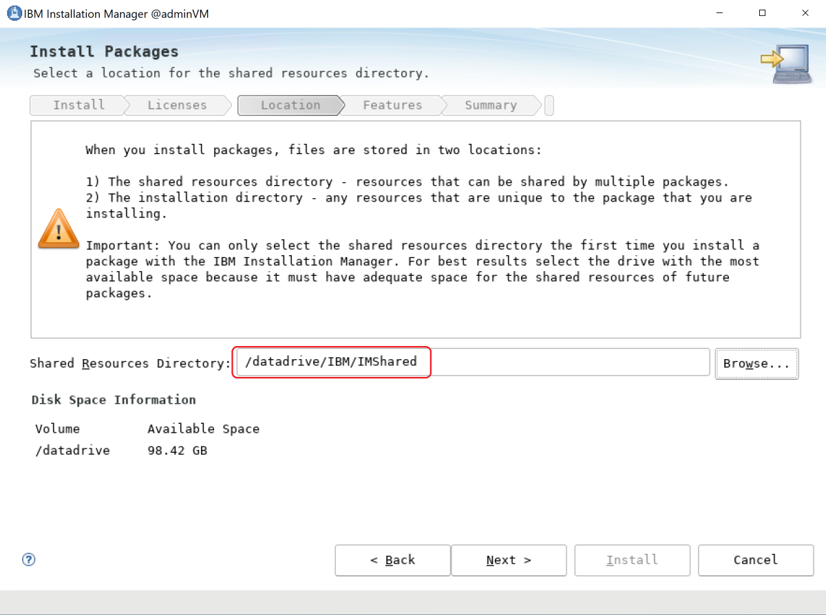 Captura de tela da caixa Diretório de recursos compartilhados do WebSphere Application Server da IBM.