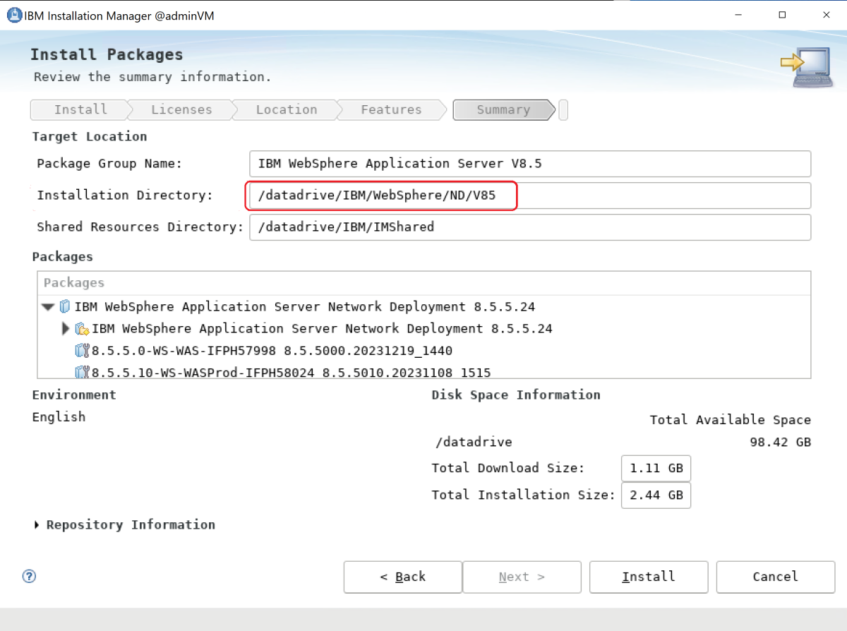 Captura de tela de um resumo do WebSphere Application Server da IBM.