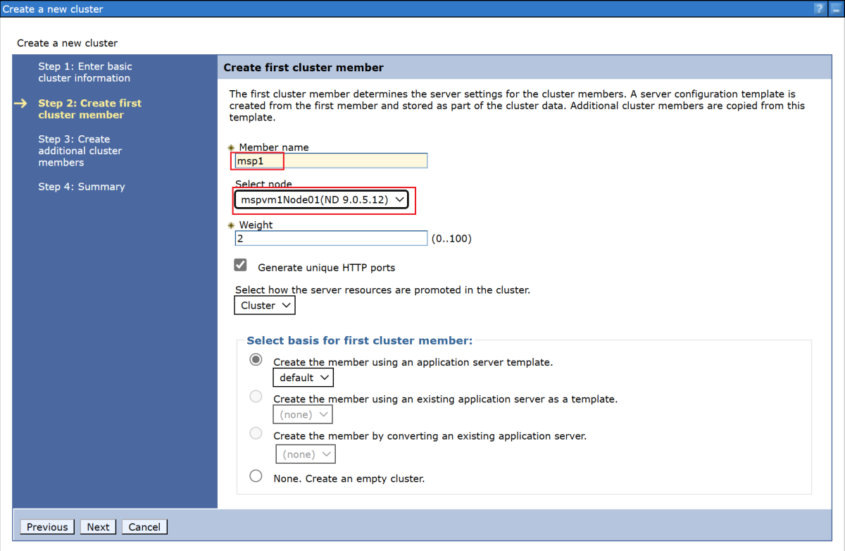 Captura de tela da etapa para criar um primeiro membro do cluster no console da IBM.