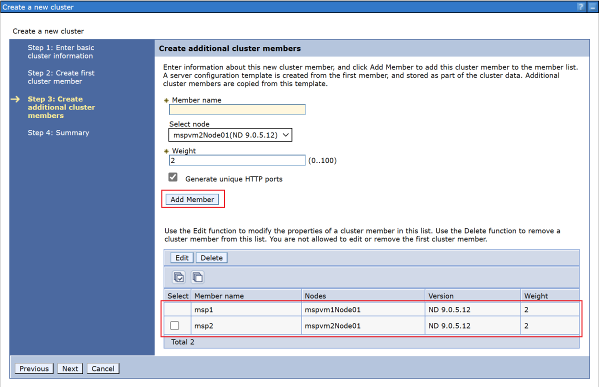 Captura de tela da etapa para criar um membro de cluster adicional no console da IBM.