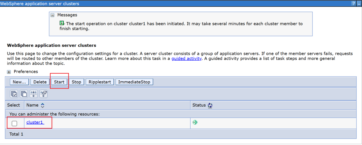 Captura de tela das seleções para iniciar um cluster recém-criado no console da IBM.