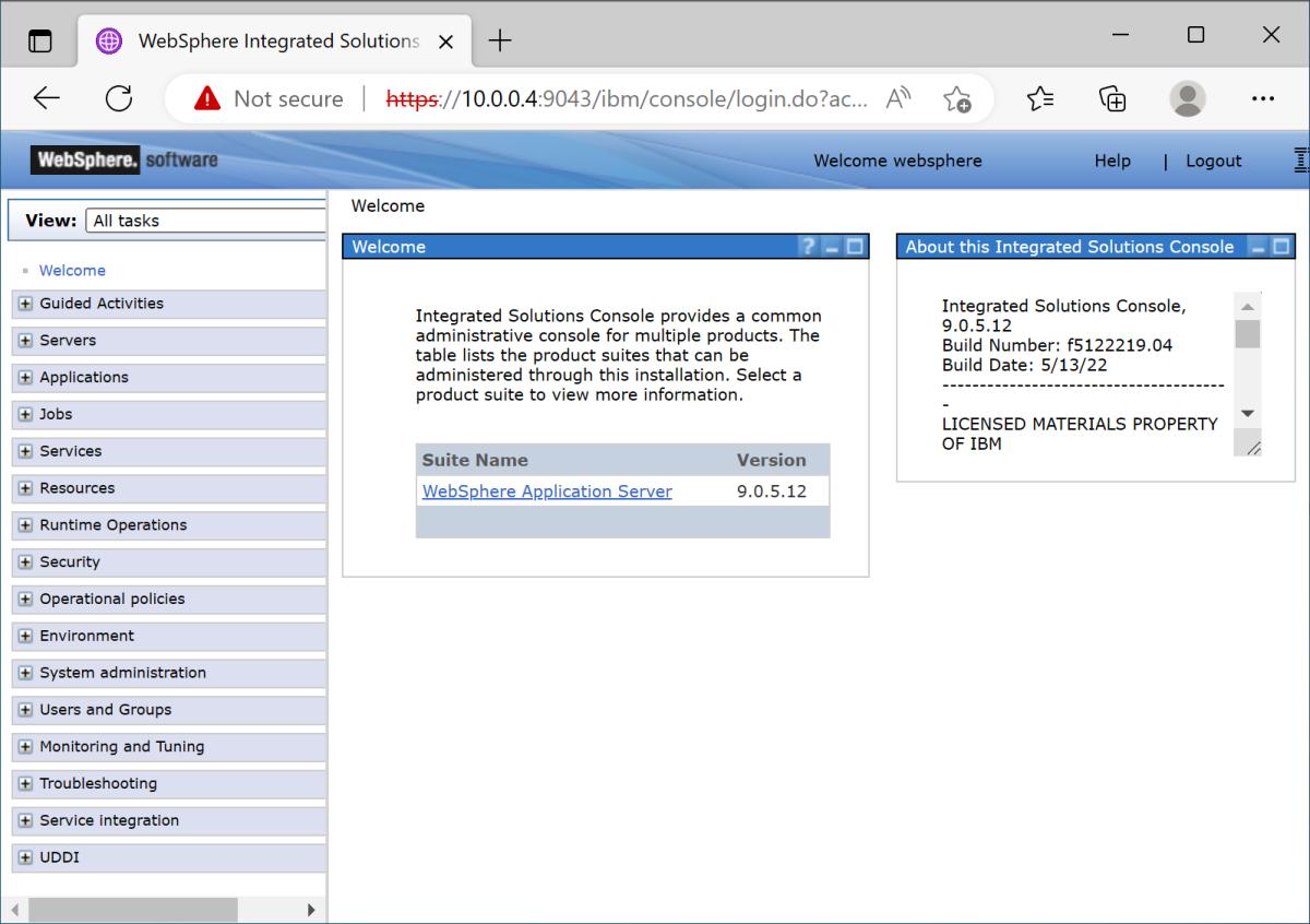 Captura de tela das informações de boas-vindas no console da IBM.