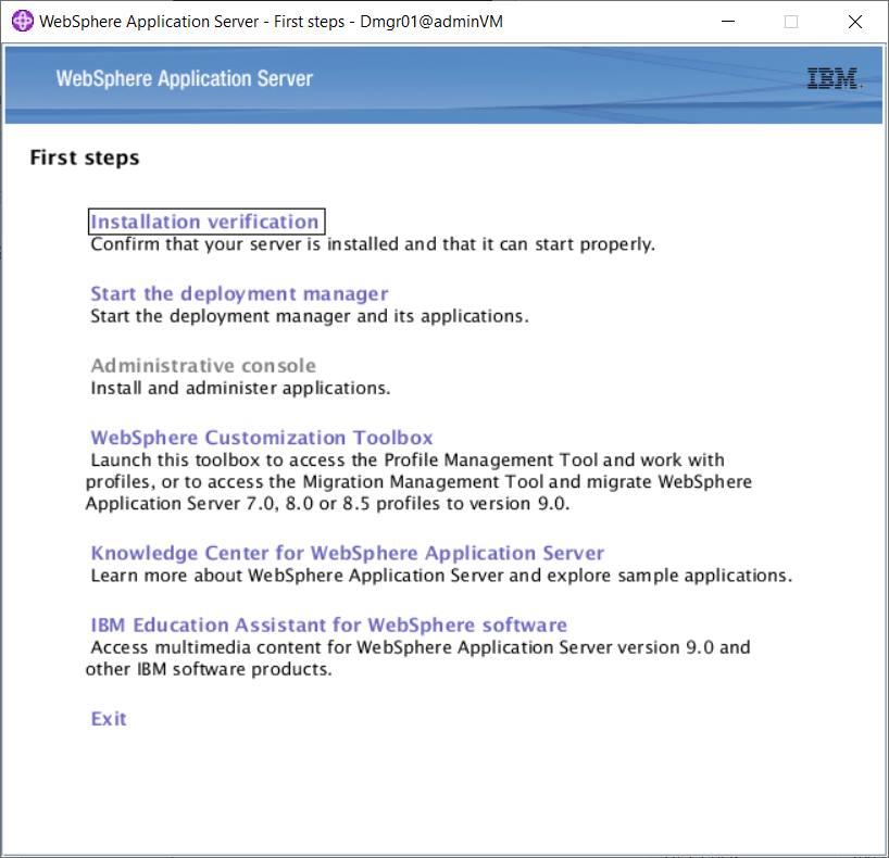 Captura de tela do console First steps do Profile Management Tool da IBM.