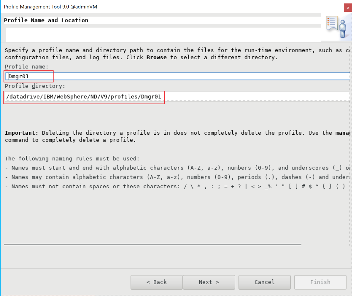Captura de tela do painel Nome e localização do perfil no Profile Management Tool da IBM.