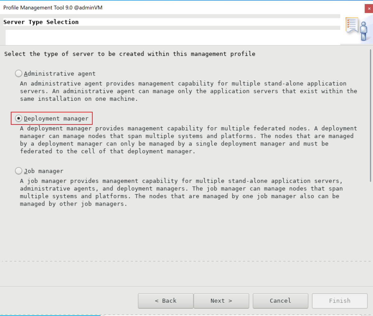 Captura de tela do painel Seleção de tipo de servidor no Profile Management Tool da IBM.