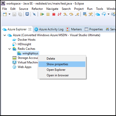 menu de contexto do Azure Explorer para exibir propriedades de um cache redis