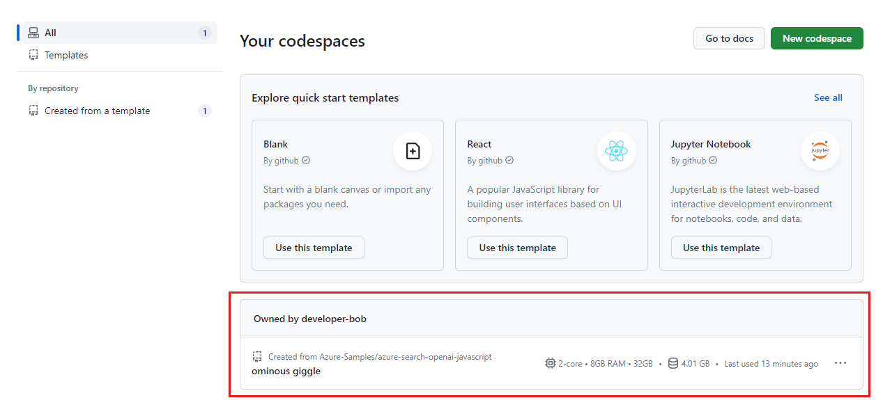 Captura de tela de todos os codespaces em execução, incluindo seu status e modelos.