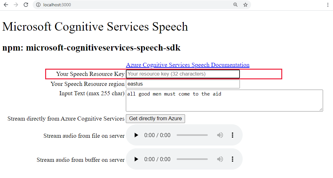 Browser screenshot of web form with Speech key input field highlighted.