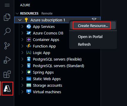 Screenshot of Visual Studio Code in the Azure Explorer with the right-click menu showing the Create Resource item highlighted.