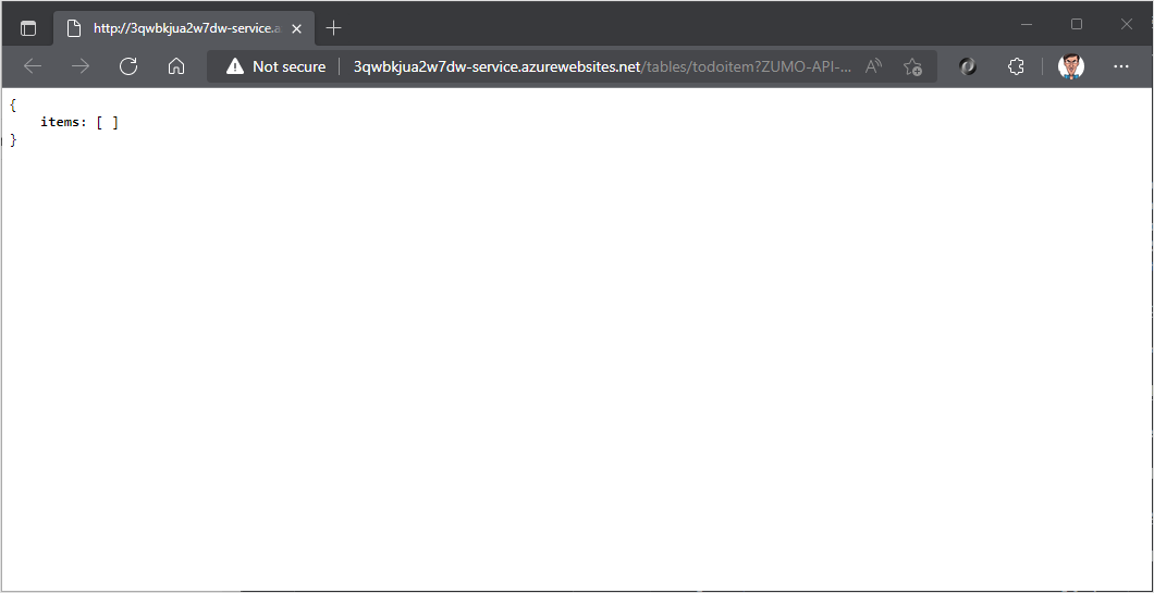 Captura de tela mostrando a saída do navegador após a publicação do serviço.