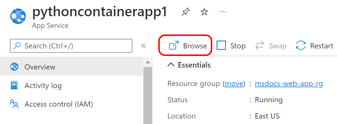 Uma captura de tela mostrando como procurar um Serviço de Aplicativo no portal do Azure.