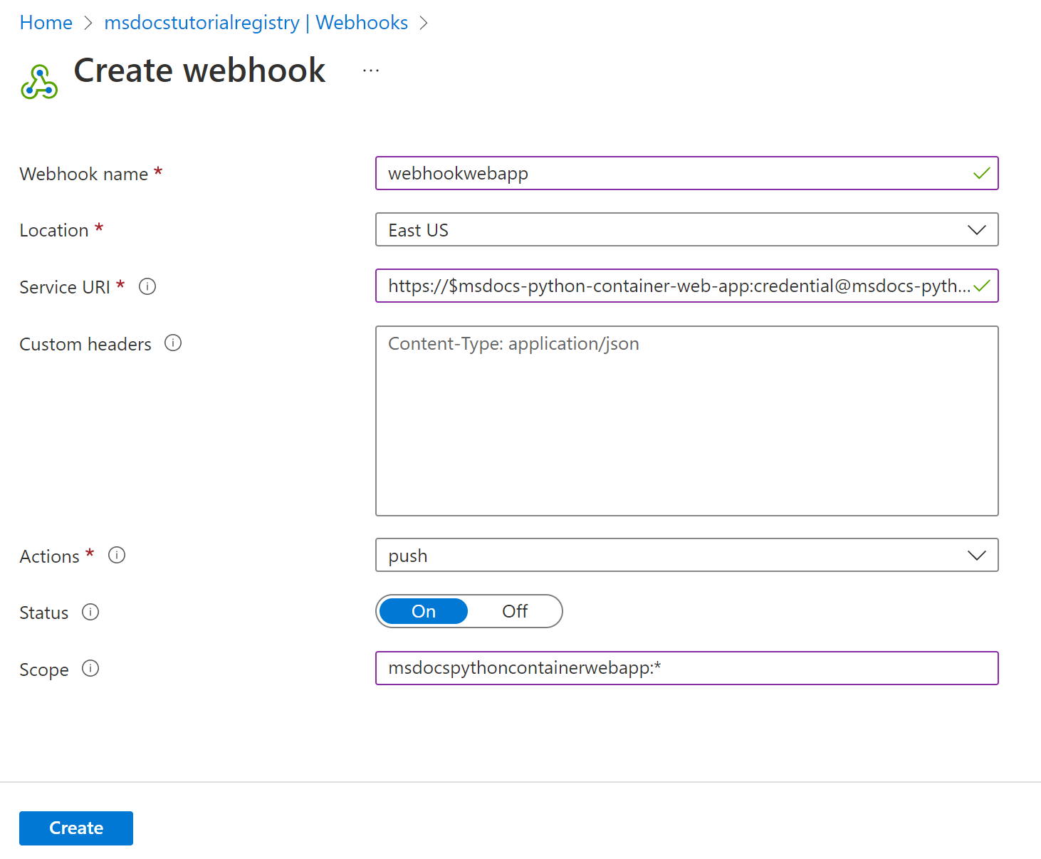 Uma captura de tela mostrando como criar um webhook para o Registro de Contêiner do Azure no portal do Azure.