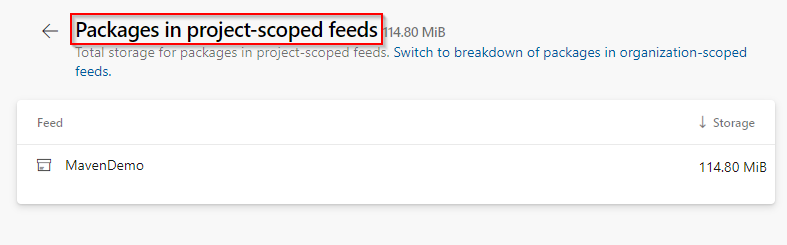 Uma captura de tela mostrando o armazenamento total para pacotes em feeds com escopo de projeto.