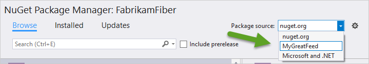 Uma captura de tela mostrando como selecionar a origem do pacote no Visual Studio.