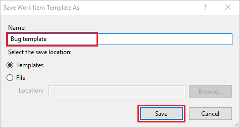 Captura de tela da caixa de diálogo Salvar modelo de item de trabalho como no Visual Studio.