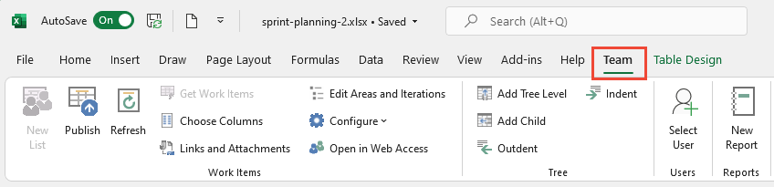 Captura de tela da faixa de opções Equipe de integração do TFS-Office do Excel.
