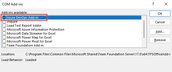 Screenshot of COM Add-ins dialog, Team Foundation Add-in checked.
