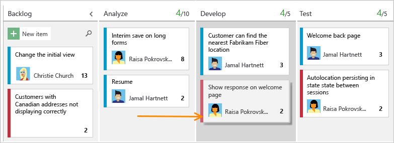 Captura de tela que mostra um quadro Kanban que usa um modelo Agile para atualizar o status de um item de trabalho.