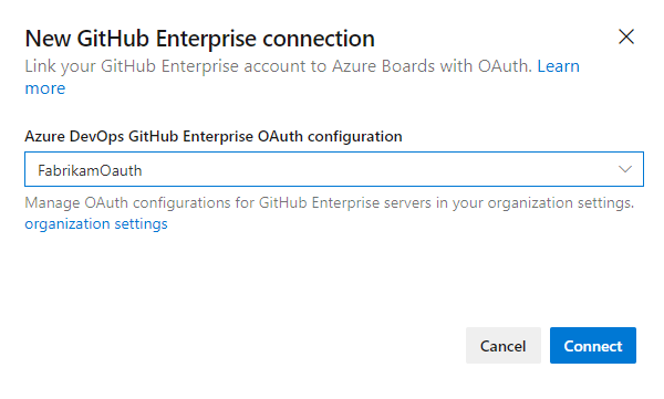 Screenshot fo New GitHub Enterprise connection, OAuth dialog.