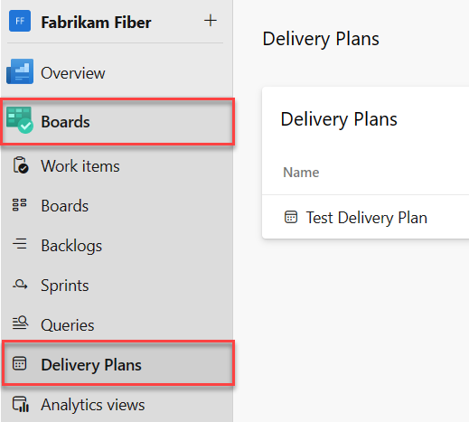 Captura de tela da área Planos de Entrega no Azure Boards.