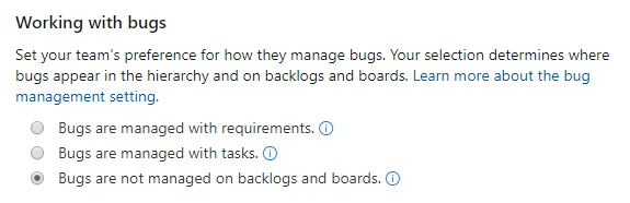 Configuração de equipe, geral, trabalho com bugs, não rastrear