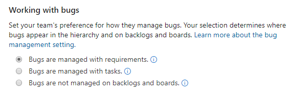 Configuração de equipe Agile, geral, trabalho com bugs, não rastrear