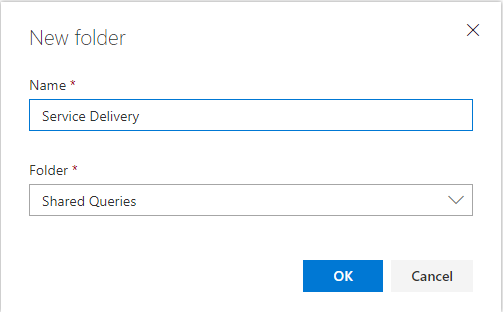 Captura de tela do diálogo Nova pasta, Azure DevOps Server 2019.