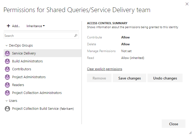 Captura de tela da caixa de diálogo Permissões para uma pasta de consulta, Azure DevOps Server 2022 e versões anteriores.
