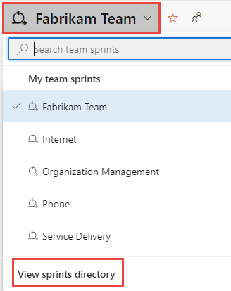 Captura de tela que mostra as opções do seletor de equipe de lista de pendências de sprint.