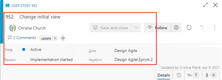 Captura de tela que mostra campos comuns no formulário de item de trabalho para todos os tipos de item de trabalho.