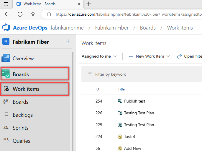 Screenshot mostra Azure Boards com itens de trabalho selecionados.