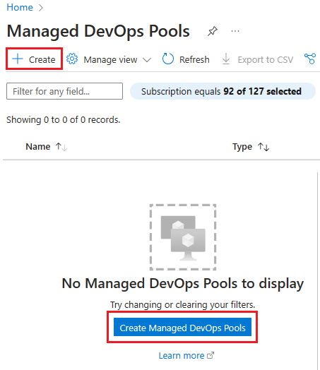 Captura de tela do botão Criar pools de DevOps gerenciados.