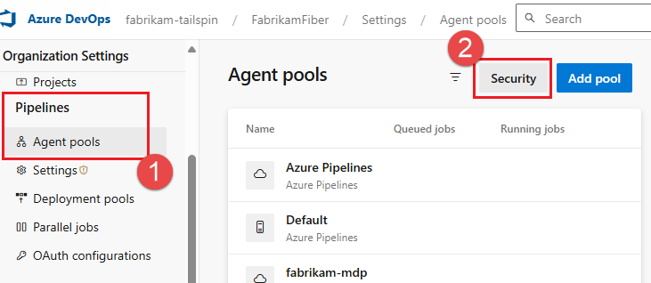 Captura de tela da lista de pools de agentes no nível do projeto.