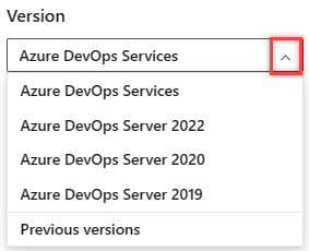 Selecione uma versão do seletor de Versão de Conteúdo do Azure DevOps.